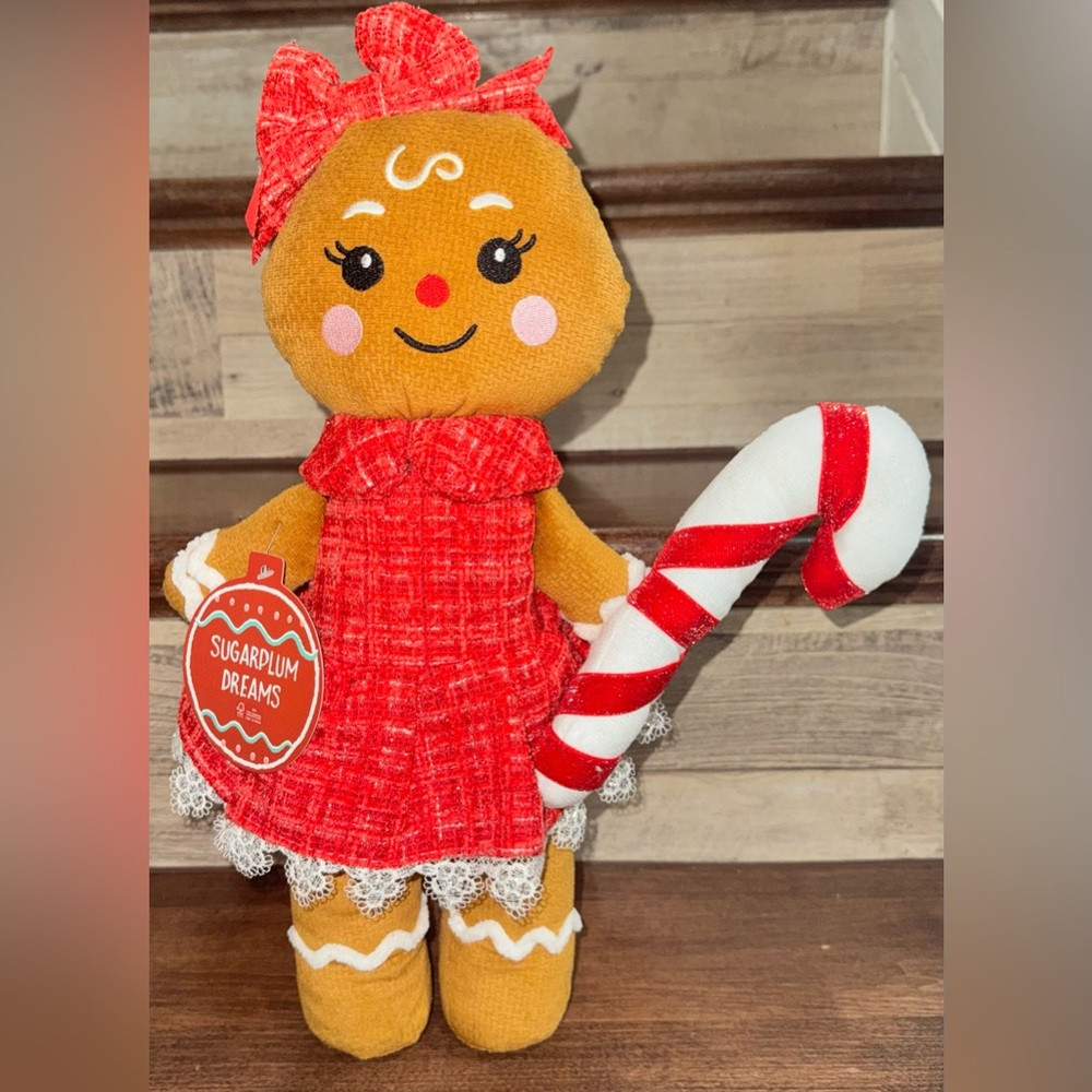 🥰 Gingerbread Girl with Red Dress & Candy Cane Shelf Sitter by Sugarplum Dreams
